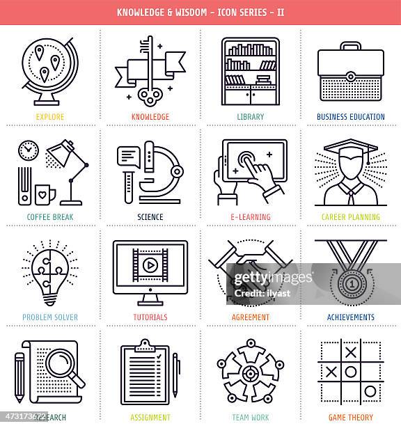 knowledge and wisdom icons set - library abstract stock illustrations