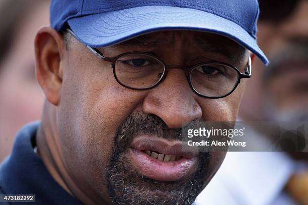 Philadelphia Mayor Michael Nutter briefs members of the media near the site of a train derailment accident May 13, 2015 in Philadelphia,...