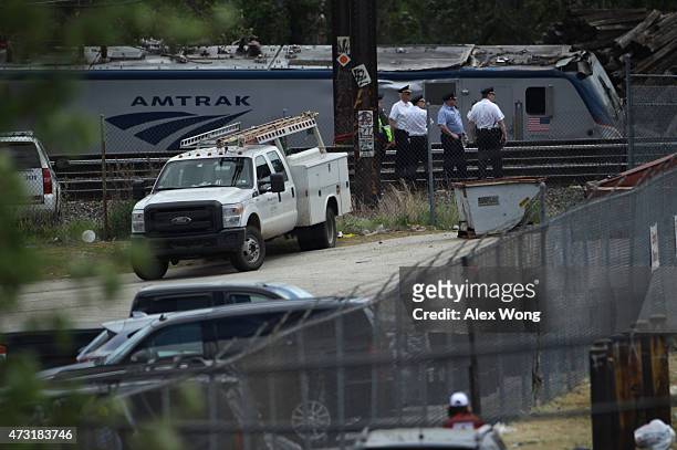 Police shut down a ramp that lead to a train track near the site of a train derailment accident May 13, 2015 in Philadelphia, Pennsylvania. Service...
