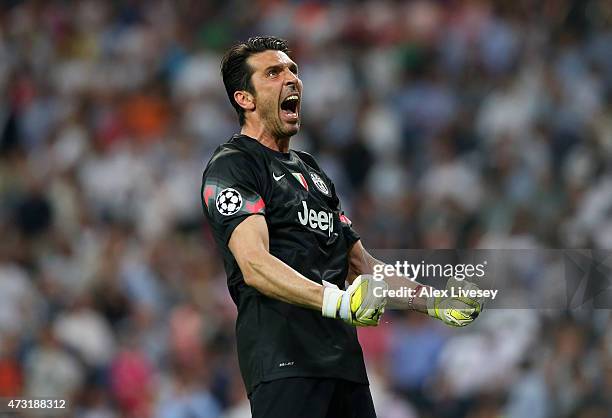 Goalkeeper Gianluigi Buffon of Juventus celebrates following his team's progression to the final during the UEFA Champions League Semi Final, second...