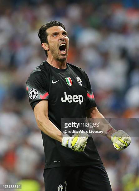 Goalkeeper Gianluigi Buffon of Juventus celebrates following his team's progression to the final during the UEFA Champions League Semi Final, second...