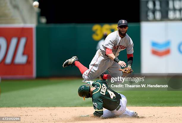 Dustin Pedroia of the Boston Red Sox gets his throw off to complete the double-play over the top of Coco Crisp of the Oakland Athletics in the bottom...