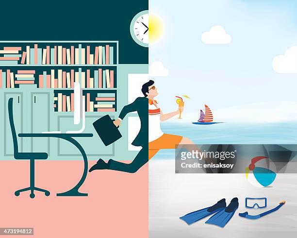 cartoon showing a business man going from office to beach - time off work stock illustrations