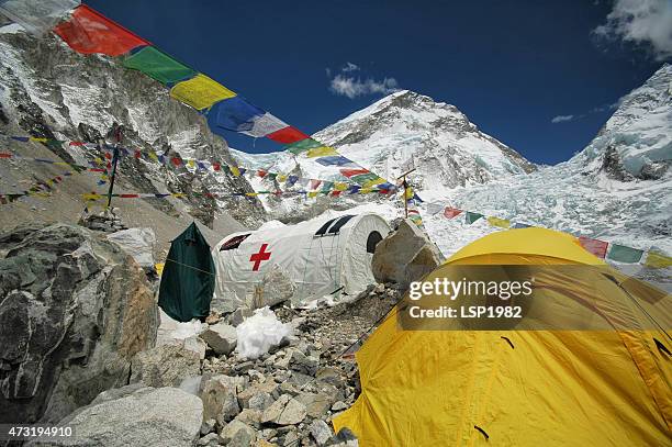 hospital tent in everest base camp. nepal himalayas. - mt everest base camp stock pictures, royalty-free photos & images