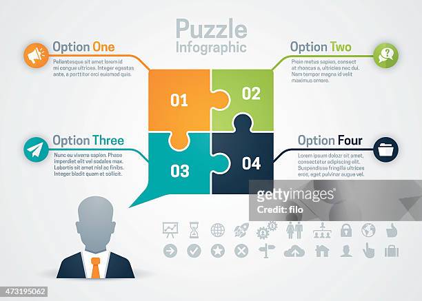 business strategy puzzle infographic - jigsaw piece stock illustrations