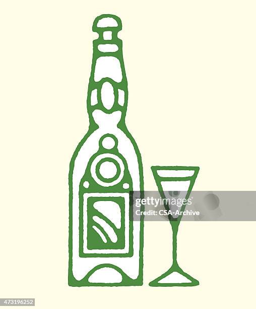 liquor bottle and glass - martini stock illustrations