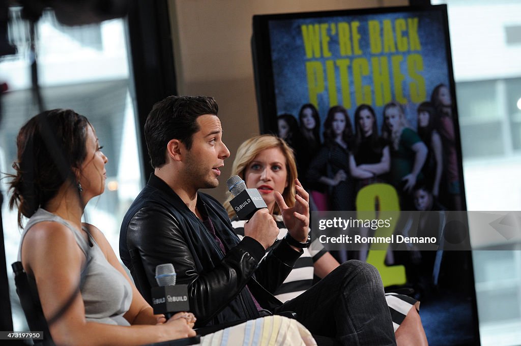 Brittany Snow And Skylar Astin With Writer Kay Cannon Visit AOL Build