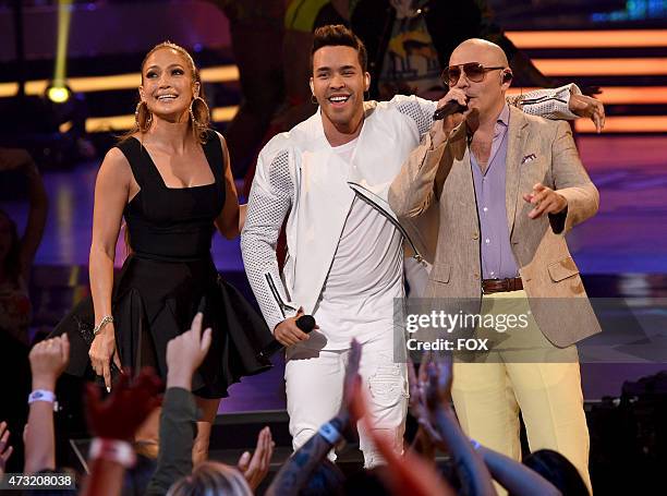 Judge Jennifer Lopez and singers Prince Royce and Pitbull perform onstage at FOX's "American Idol XIV" Finale on May 13, 2015 at the Dolby Theater in...