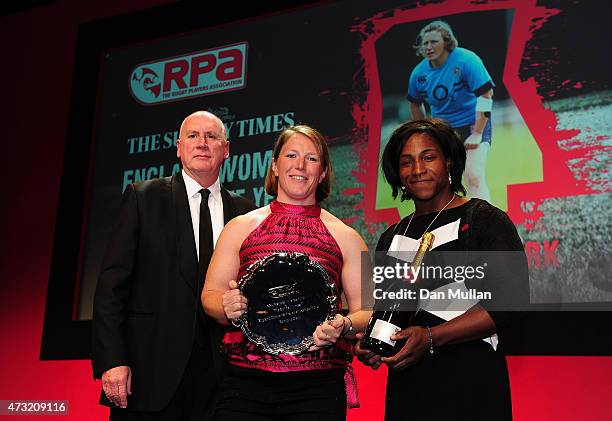 Rochelle Clark of England receives The Sunday Times England Womens Player of the Year Award from Maggie Alphonsi and Alex Butler of The Sunday Times...