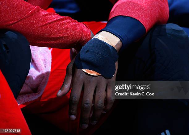 View of the padding on the injured hand of John Wall of the Washington Wizards during Game Five of the Eastern Conference Semifinals of the 2015 NBA...