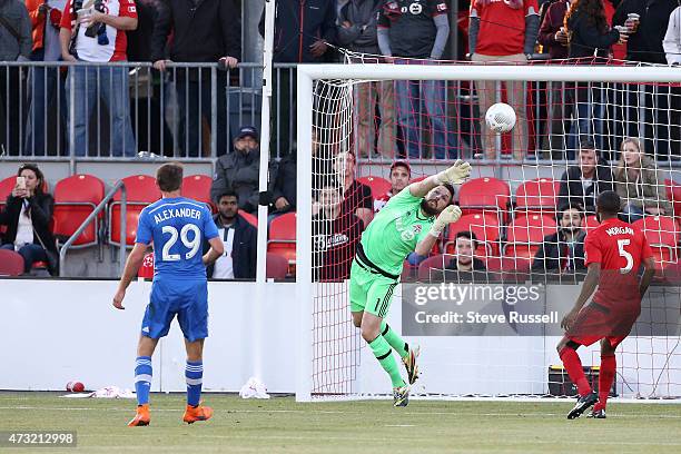 Toronto FC goalkeeper Chris Konopka makes a stop in the first half as Toronto FC plays Montreal Impact in the Semi-Final of the Amway Canadian...