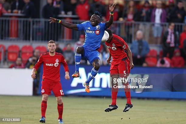 Montreal Impact forward Dominic Oduro misses a header as Toronto FC plays Montreal Impact in the Semi-Final of the Amway Canadian Championship at BMO...