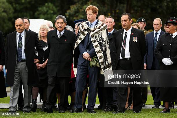 From left, Governor-General Sir Jerry Mateparae, Government House Kaumatua, Lewis Moeau and Prince Harry arrive during a visit to Putiki Marae on May...