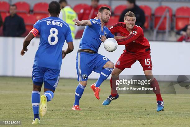 Toronto FC defender Eriq Zavaleta undresses Jack McInerney as Toronto FC plays Montreal Impact in the Semi-Final of the Amway Canadian Championship...