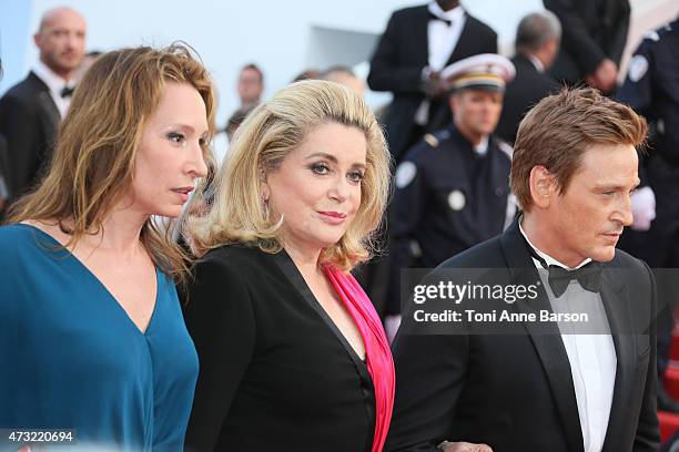 Emmanuelle Bercot, Catherine Deneuve and Benoit Magimel attend the opening ceremony and "La Tete Haute" premiere during the 68th annual Cannes Film...