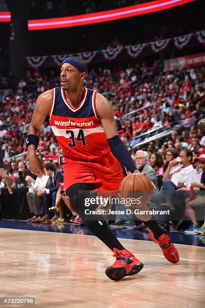 Paul Pierce of the Washington Wizards dribbles the ball against the Atlanta Hawks in Game five of the Eastern Conference Semifinals of the NBA...