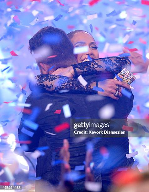 Winner Nick Fradiani and American Idol judge Jennifer Lopez onstage during "American Idol" XIV Grand Finale at Dolby Theatre on May 13, 2015 in...