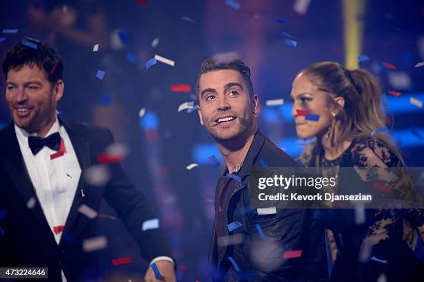 American Idol judge Harry Connick Jr., winner Nick Fradiani, and American Idol judge Jennifer Lopez onstage during "American Idol" XIV Grand Finale...