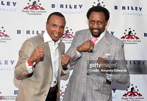 Boxers Sugar Ray Leonard and Thomas Hearns arrive at the 6th Annual "Big Fighters, Big Cause" Charity Boxing Night at the Dolby Theatre on May 13,...