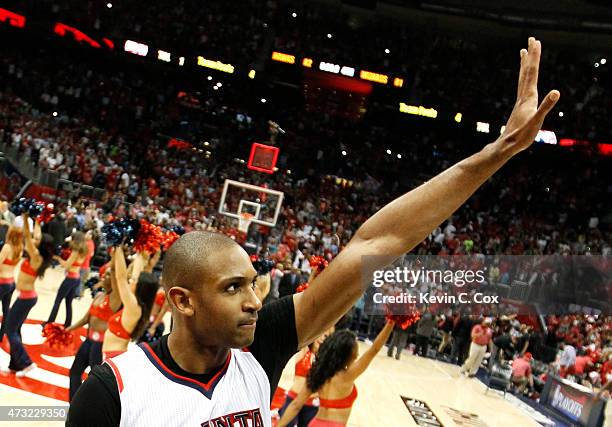 Al Horford of the Atlanta Hawks celebrates the win against the Washington Wizards after Game Five of the Eastern Conference Semifinals of the 2015...