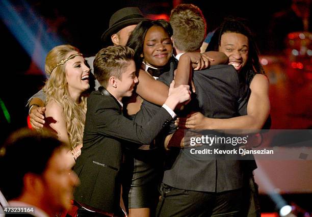 Finalists Maddie Walker, Daniel Seavey, Sarina-Joi Crowe, Qaasim Middleton, and winner Nick Fradiani onstage during "American Idol" XIV Grand Finale...