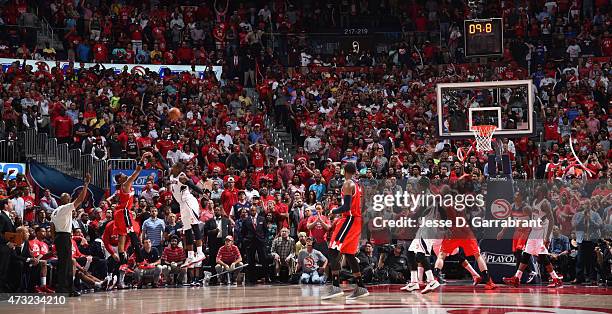 Paul Pierce of the Washington Wizards shoots a three pointer with 9.8 seconds left in the game to tie it . Against the Atlanta Hawks in Game five of...