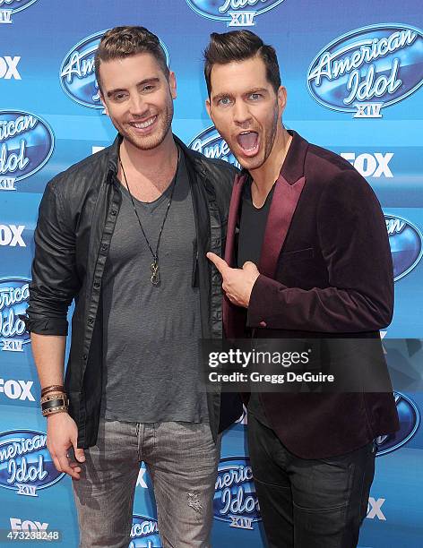 Singer Nick Fradiani, winner of American Idol Season 14, and singer Andy Grammer arrive at the "American Idol" XIV Grand Finale at the Dolby Theatre...