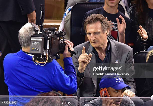 Liam Neeson attends the Washington Capitals vs New York Rangers game at Madison Square Garden on May 13, 2015 in New York City.