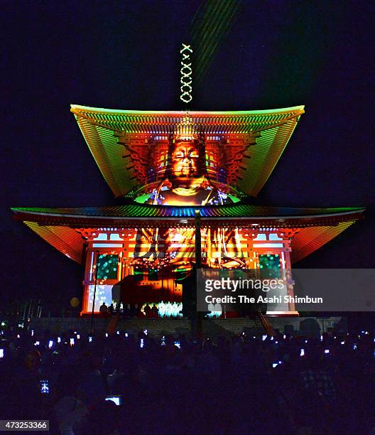 Vairocana statue is projected at the Konpon Daito Tower of the Kongobuji Temple of the Mount Koya on May 13, 2015 in Koya, Wakayama, Japan. Mount...