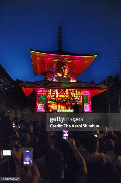 Vairocana statue is projected at the Konpon Daito Tower of the Kongobuji Temple of the Mount Koya on May 13, 2015 in Koya, Wakayama, Japan. Mount...