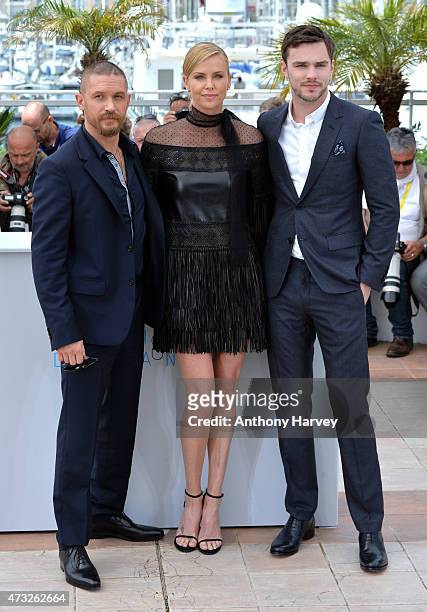Tom Hardy, Charlize Theron and Nicholas Hoult attend the "Mad Max: Fury Road" photocall during the 68th annual Cannes Film Festival on May 14, 2015...