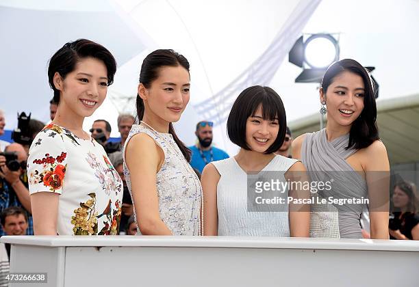 Actresses Kaho, Haruka Ayase, Suzu Hirose and Masami Nagasawa attend a photocall for "Umimachi Diary" during the 68th annual Cannes Film Festival on...