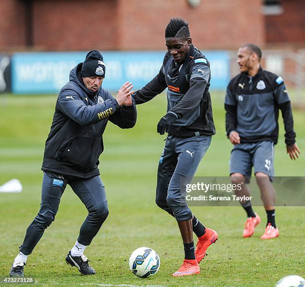 Sammy Ameobi tussles with First Team Coach Steve Stone during a Newcastle United Training session at The Newcastle United Training Centre on May 14...