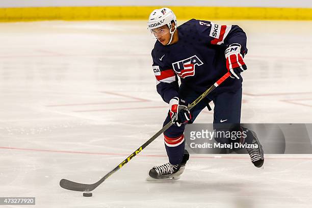 Seth Jones of USA in action during the IIHF World Championship quaterfinal match between USA and Switzerland at CEZ Arena on May 14, 2015 in Ostrava,...