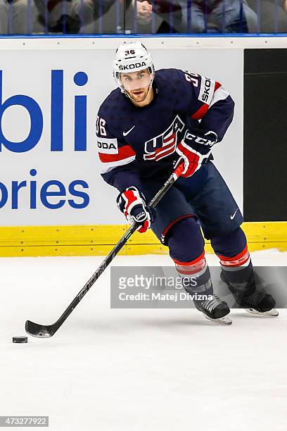 Mark Arcobello of USA in action during the IIHF World Championship quaterfinal match between USA and Switzerland at CEZ Arena on May 14, 2015 in...