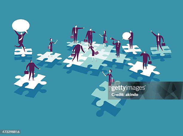 cartoon business people over puzzle pieces - cartoon office background stock illustrations