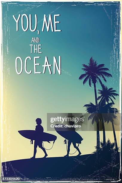 young people walking along the beach with a palm trees - summer walking exercise stock illustrations