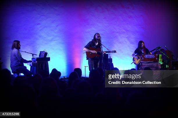 Musician Elvis Perkins performs with piano player Mitchell Robe and multi-instrumentalist Danielle Aykroyd at the Masonic Temple at Hollywood Forever...