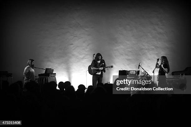 Musician Elvis Perkins performs with piano player Mitchell Robe and multi-instrumentalist Danielle Aykroyd at the Masonic Temple at Hollywood Forever...