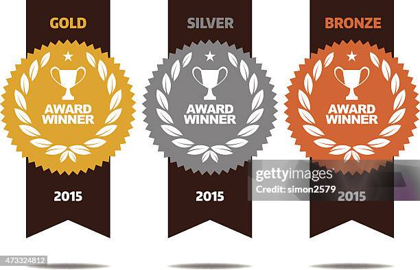 ilustraciones, imágenes clip art, dibujos animados e iconos de stock de oro, plata y bronce medallas de premio - badge