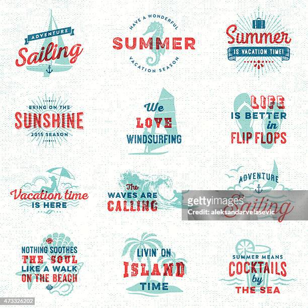 stockillustraties, clipart, cartoons en iconen met summer, surfing, sailing, beach signs and badges - surf stock illustrations
