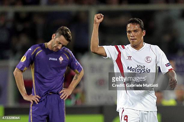 Carlos Bacca of FC Sevilla celebrates after scoring a goal during the UEFA Europa League Semi Final match between ACF Fiorentina and FC Sevilla on...