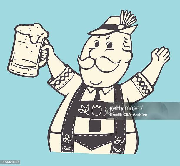 ilustrações, clipart, desenhos animados e ícones de homem vestindo lederhosen e levantar caneca de cerveja - roupa de tirolês