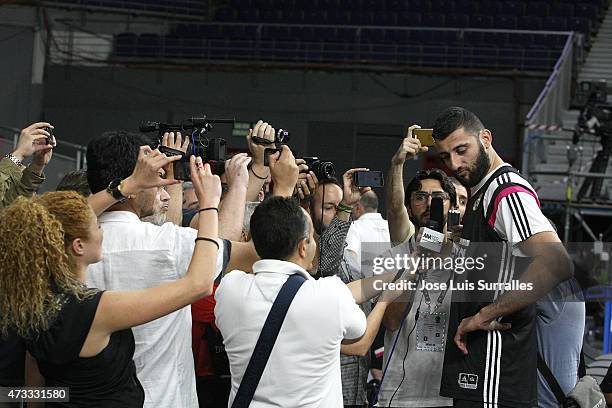Ioannis Bourousis, #30 of Real Madrid is interviewed during the Real Madrid Practice of Turkish Airlines Euroleague Final Four Madrid 2015 at...