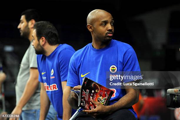 Ricky Hickman, #3 of Fenerbahce Ulker Istanbul, injured, follows the Fenerbahce Ulker Istanbul Practice of Turkish Airlines Euroleague Final Four...