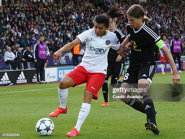 Frankfurt's Kerstin Gerefrekes vies for the ball during the UEFA Champions League women football final match between Paris Saint-Germain and FFC...