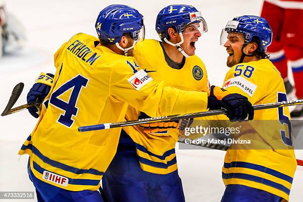 Loui Eriksson of Sweden celebrates his goal with his team-mates during the IIHF World Championship quaterfinal match between Sweden and Russia at CEZ...