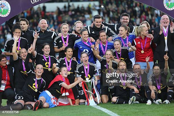Frankfurt players celebrate with the trophy after the UEFA Women's Champions League Final between 1. FFC Frankfurt and Paris St. Germain at...