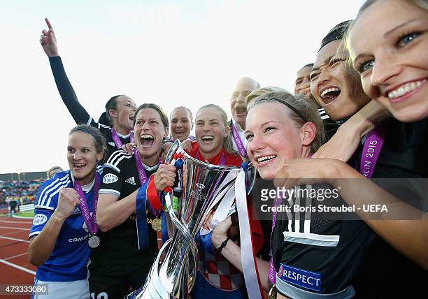 The team of Frankfurt celebrate after winning the UEFA Women's Champions League final match between 1. FFC Frankfurt and Paris St. Germain at...