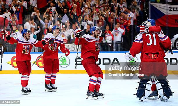 Players of Czech Republic celebrate victory after the IIHF World Championship quarter final match between Finland and Czech Republic at O2 Arena on...